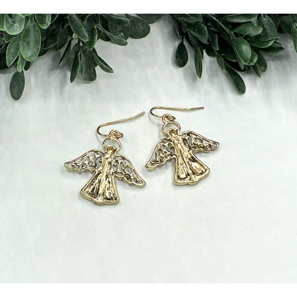 Vintage Gold Tone Angel Dangle Earrings Filigree Detailed - Picture 3 of 5